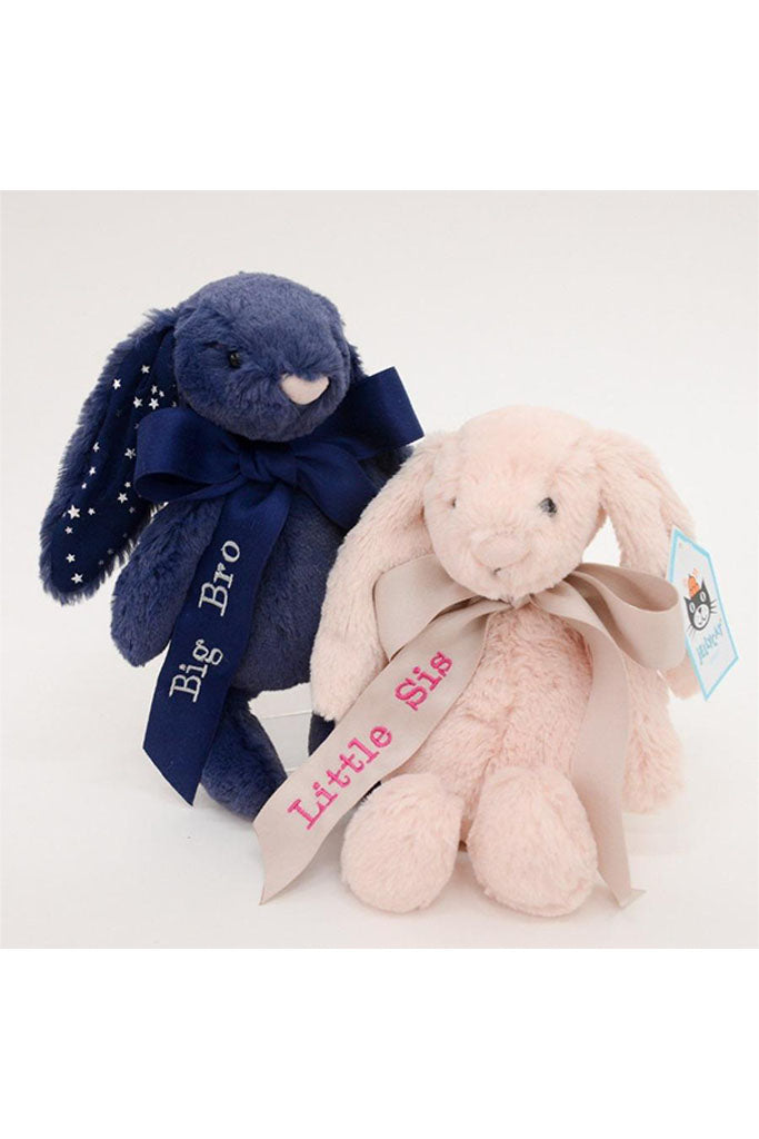 Ribbon Personalisation Sample - Navy Ribbon with Silver Text and Beige Ribbon with Fuchsia Text