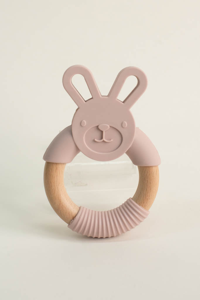 Silicone and Wood Pink Bunny Teething Ring