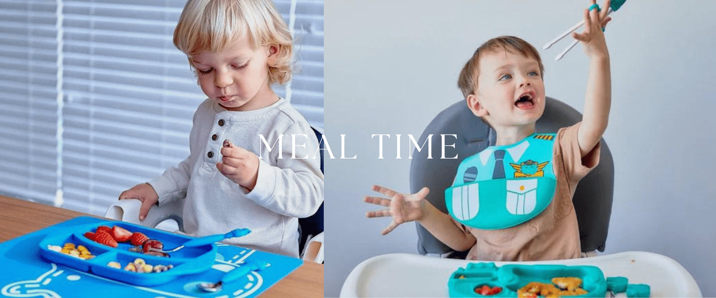 Mealtime with toddlers, featuring plates and bibs.
