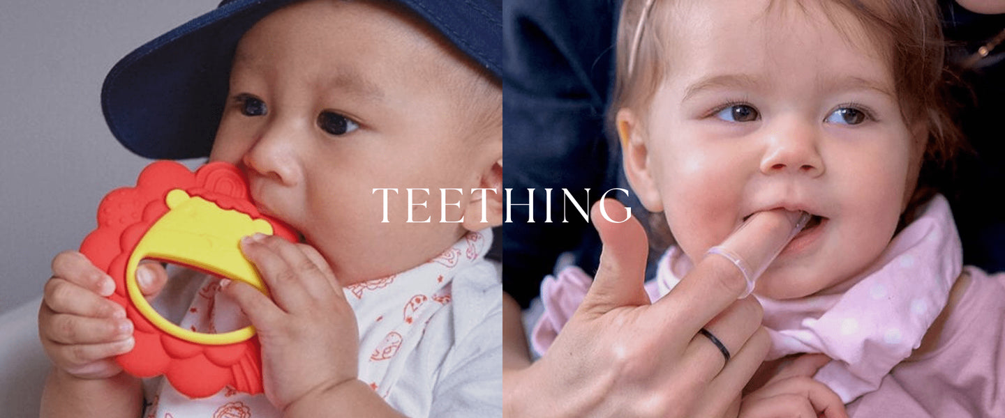 Teething babies with lion teether and finger, product image...