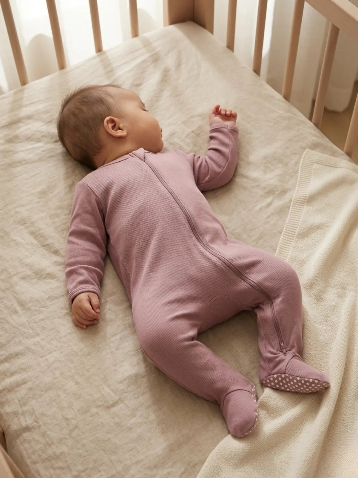 Baby in a pink sleepsuit lying on a crib with white bedding