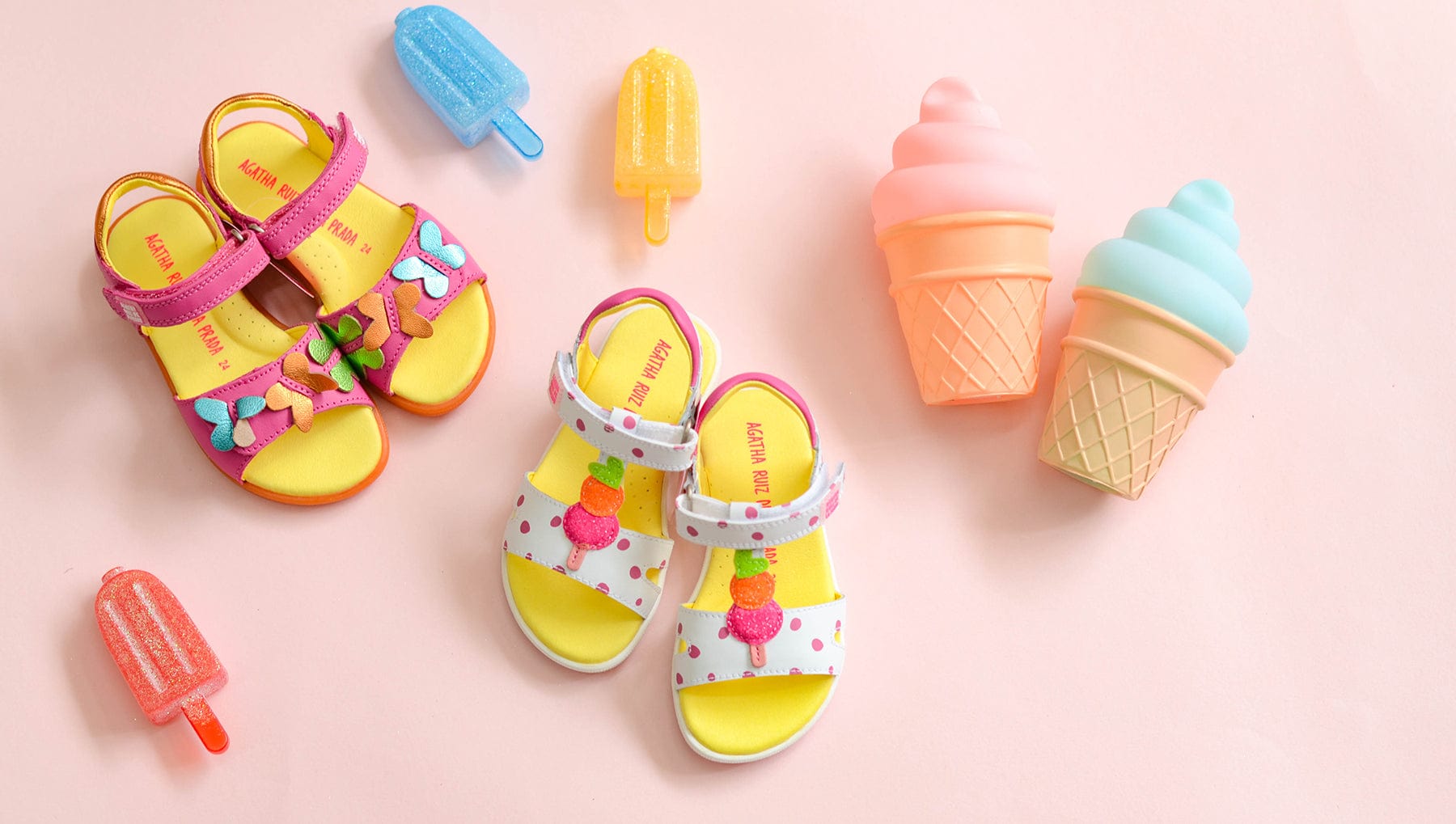 Agatha's summer sandals & ice cream toys on pink background