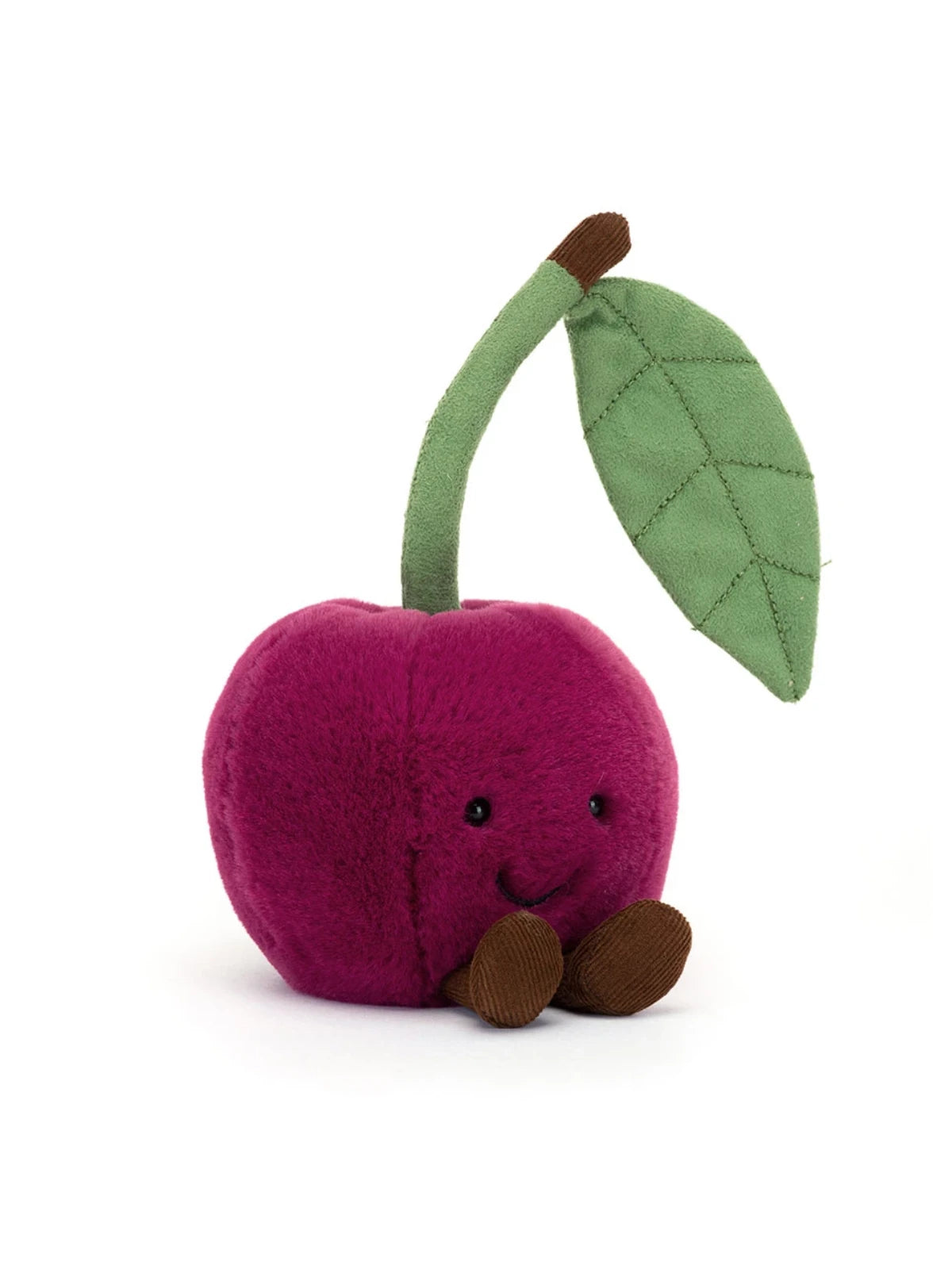 Amuseables Cherry plush toy with green leaf and soft pink body, front view