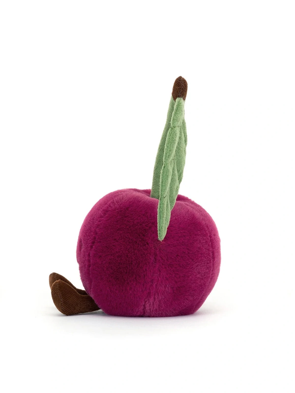 Amuseables Cherry plush toy side view with curved stem and leaf detail