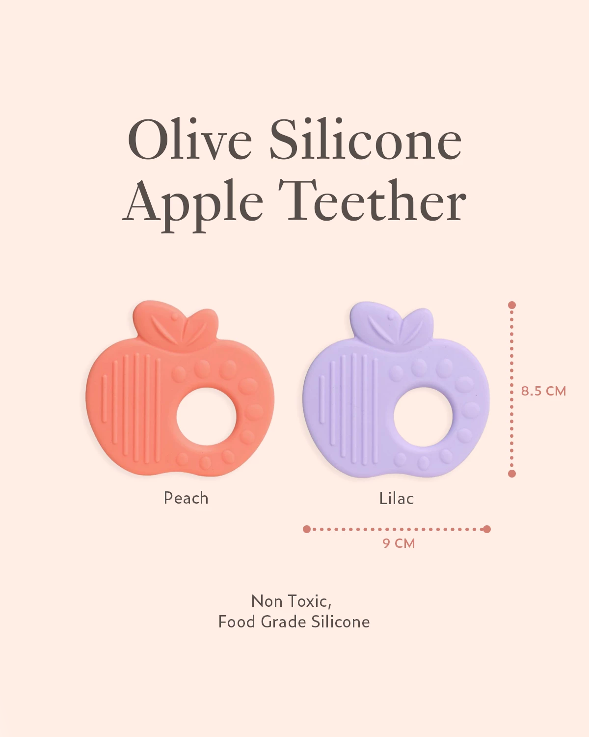 Olive Silicone Apple Teether in Peach and Lilac with product dimension 