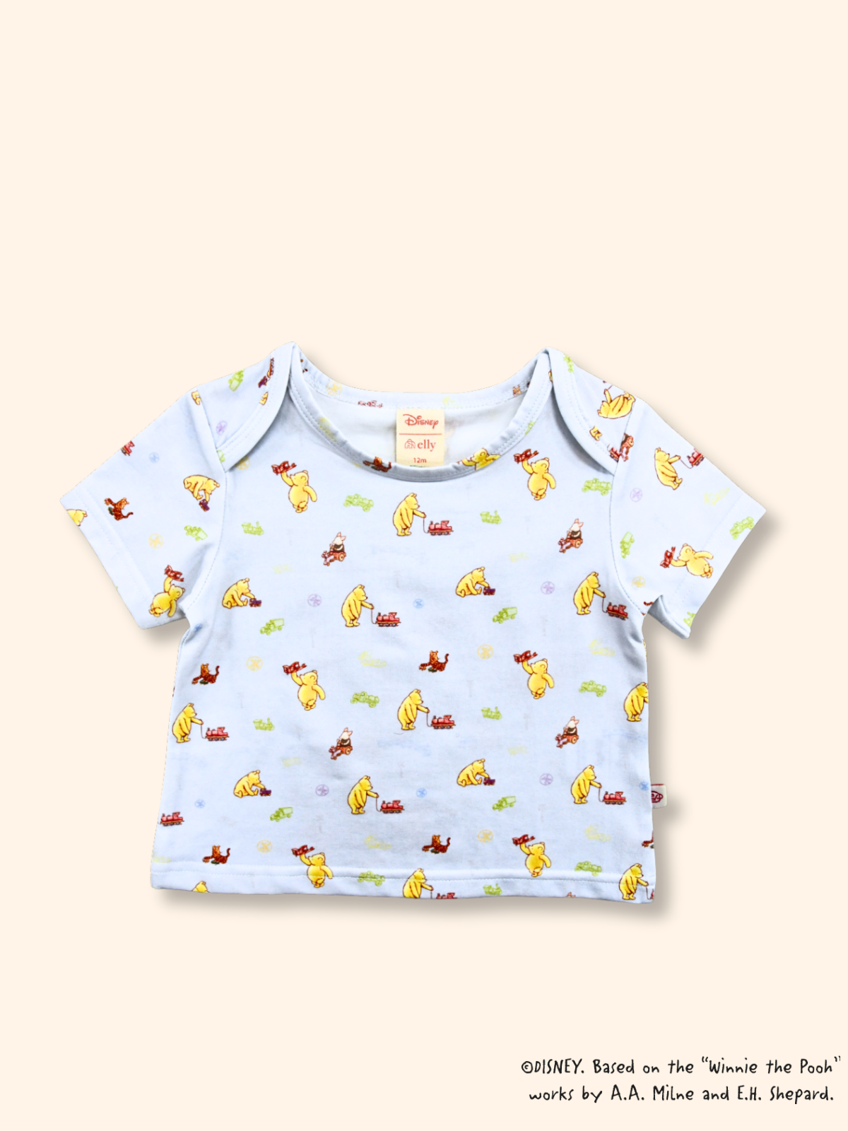 Blue baby tee with Classic Pooh with trains print, soft breathable cotton fabric for everyday comfort