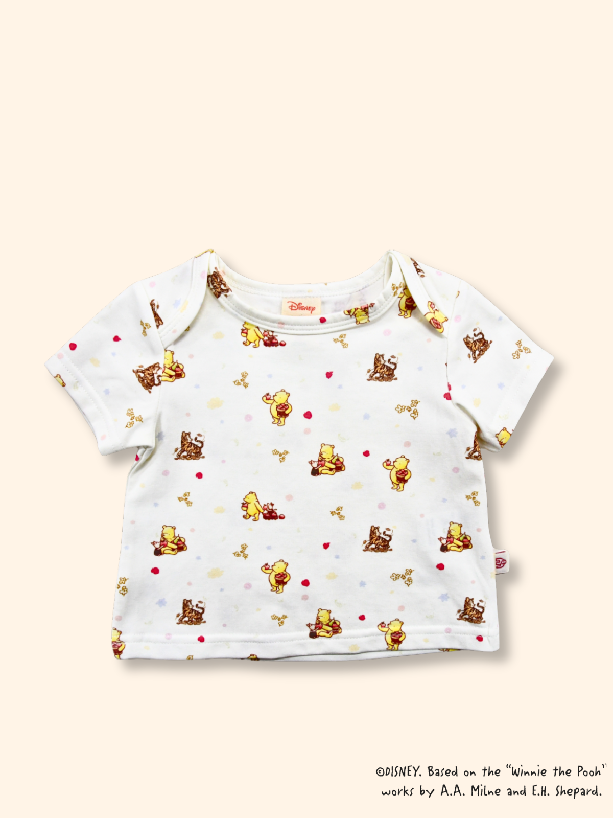 White baby tee with Classic Pooh with harvest print, soft breathable cotton fabric for everyday comfort