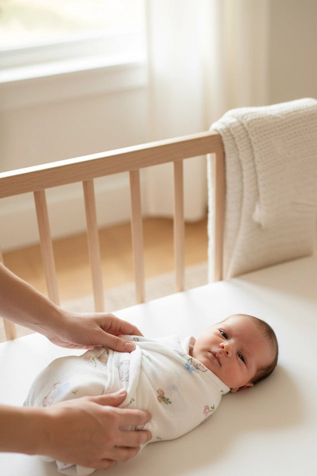 Baby lying in a crib with a person's hand adjusting the swaddle