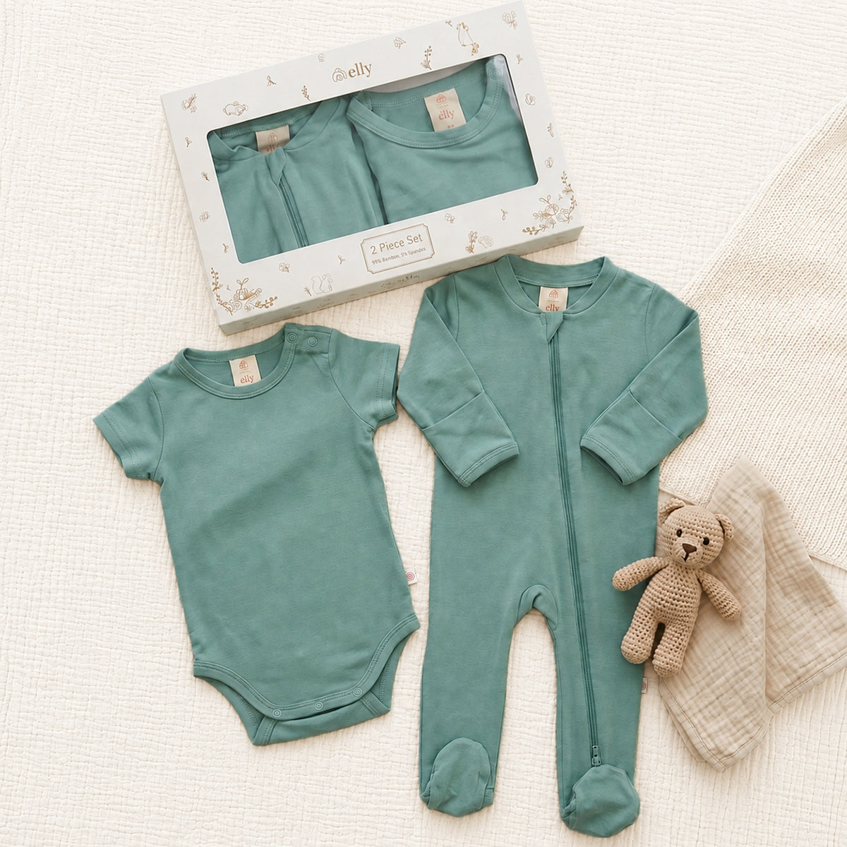 A 5-piece baby sleepwear set in a dusty sage green color