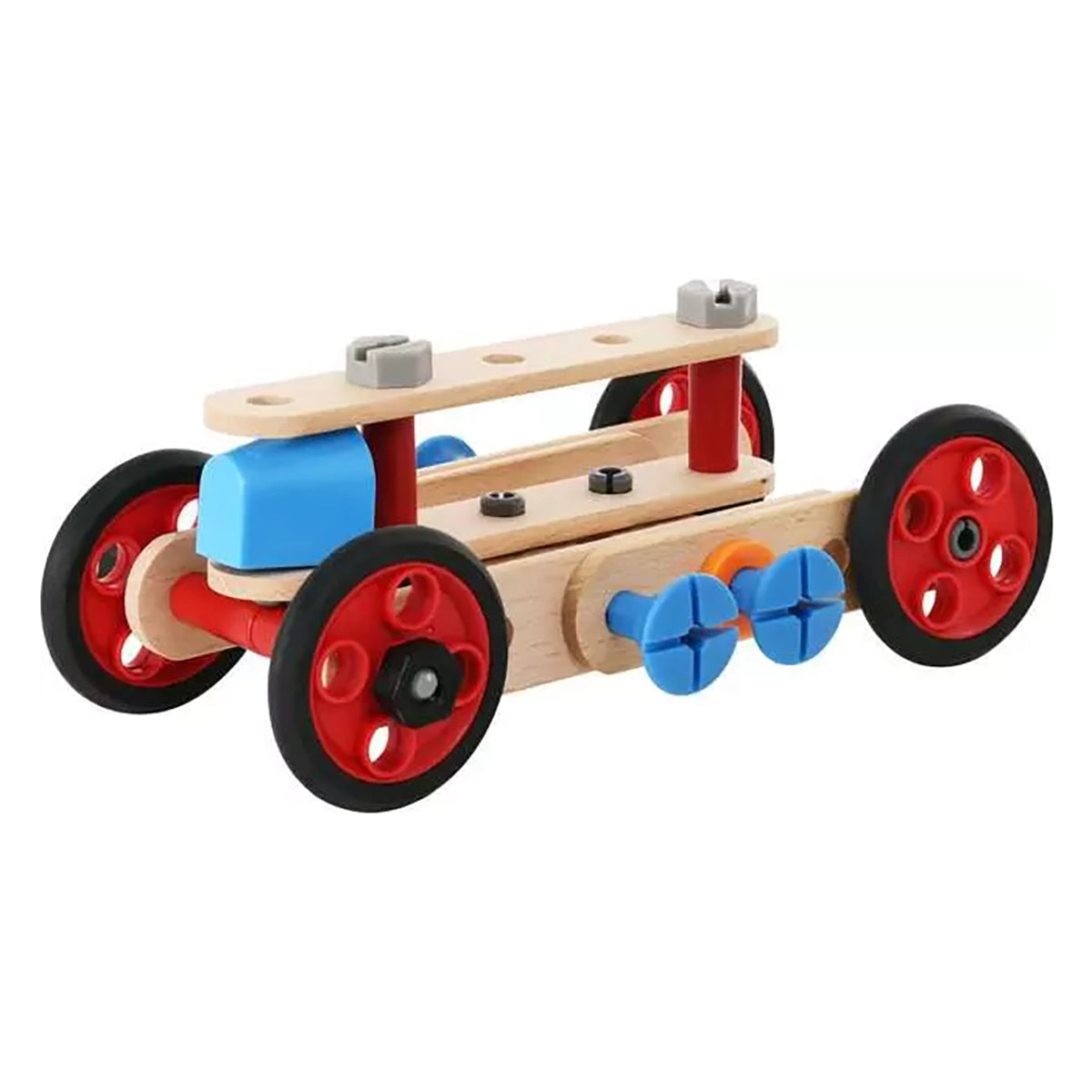 A wooden toy car chassis with red wheels, blue and orange drive wheels, and a light natural wood body, shown on a plain white background.