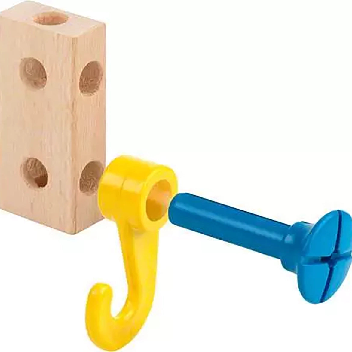 A toy hook with a yellow J-shaped hook and blue screw post, attached to a natural wood peg block on a white background.