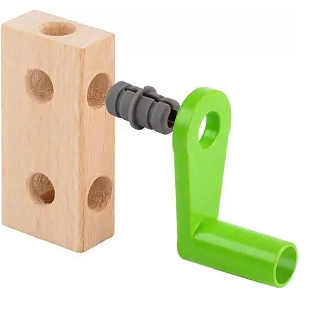 A wooden toy block with three circular holes on one side, connected to a bright green crank handle and a gray plastic fitting, shown on a plain white background.