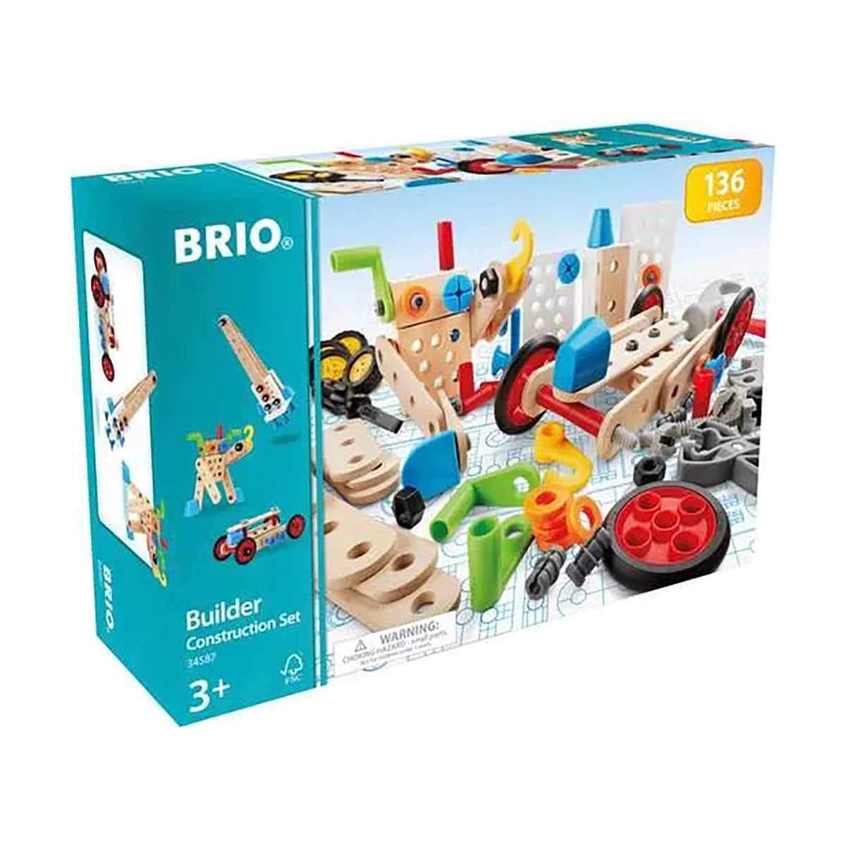 Brio Builder Construction Set toy box, 34357, featuring a turquoise and white design with illustrations of wooden gears, wheels, and small vehicles, and a yellow badge indicating 136 pieces.