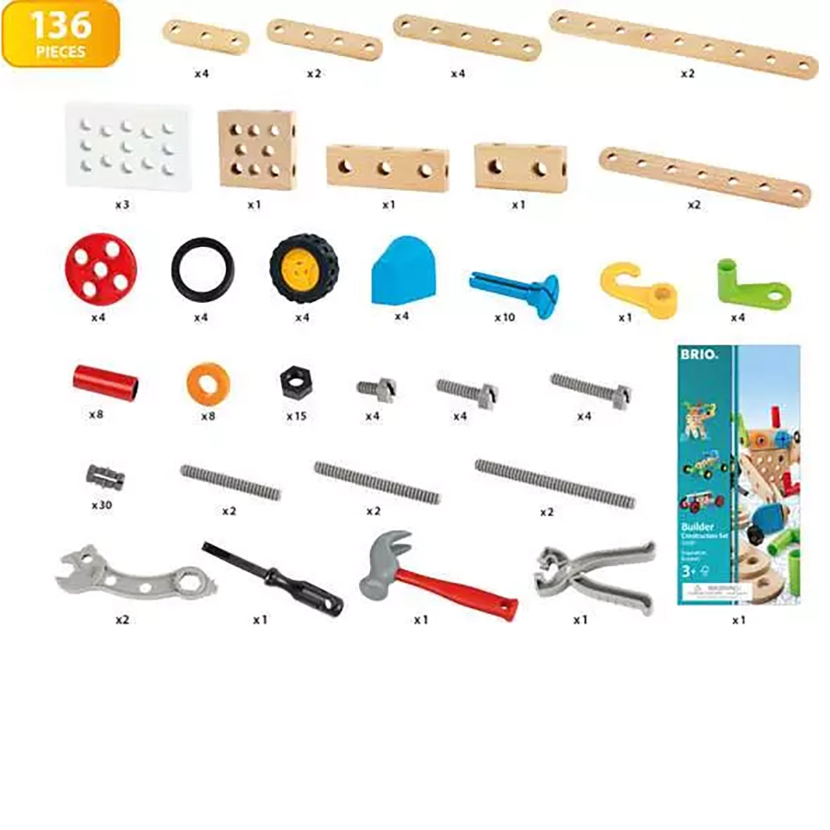 Brio 136-piece wooden building blocks set shown with all included pieces and tools laid out on a white background, including wooden beams, peg boards, wheels, screws, wrenches, a hammer, and a package insert.