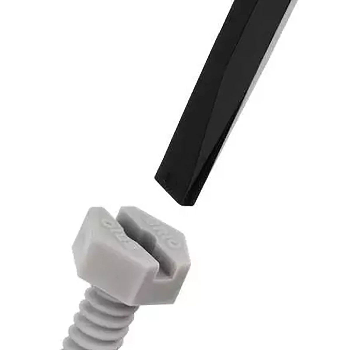 Close-up of a light gray plastic wing clip screw with a black metal strip above it on a white background.