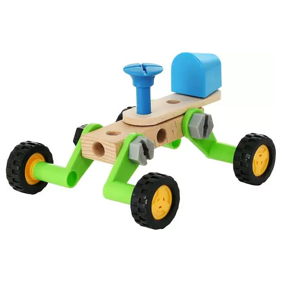 A wooden toy vehicle with bright green chassis, natural wood body, black wheels with yellow rims, and blue steering wheel and dashboard, shown on a white background.