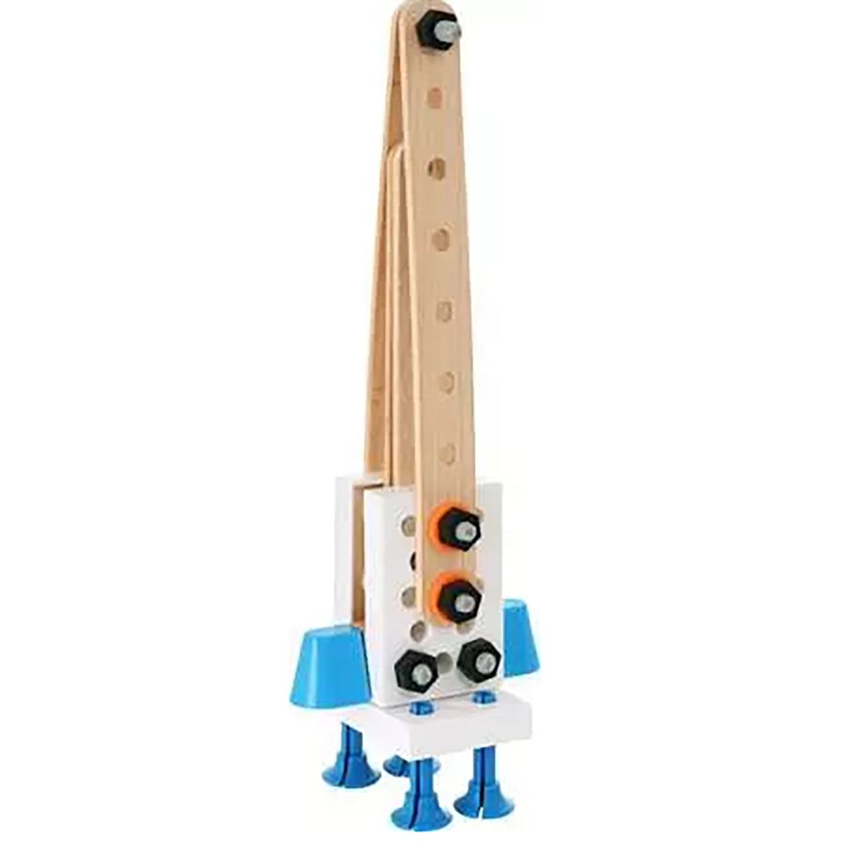A wooden toy rocket with a natural wood body, blue cone-shaped fins, blue legs, and black and orange screws, shown on a plain white background.