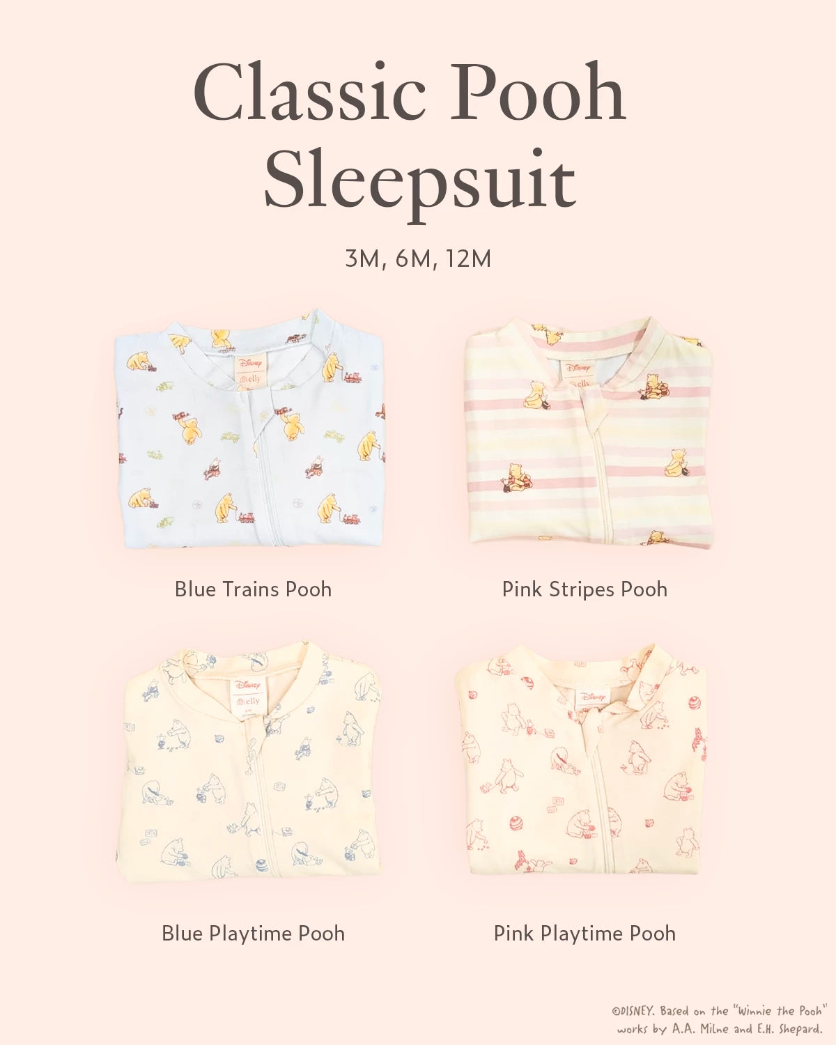 Four classic Pooh design sleepsuits for babies 