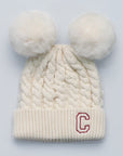 White knit beanie with double poms