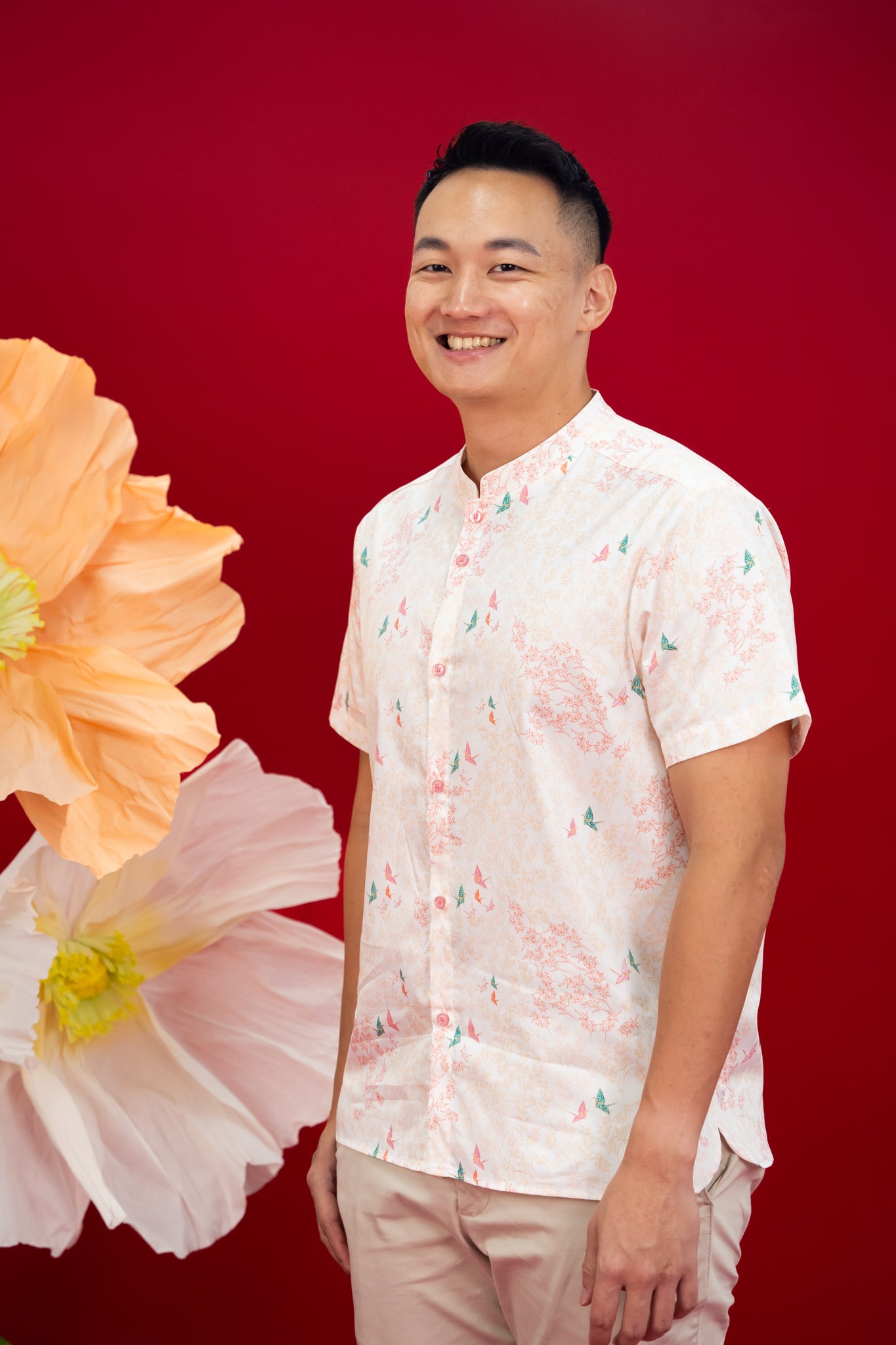 Men's Mandarin-collared Shirt -  Cream Cranes