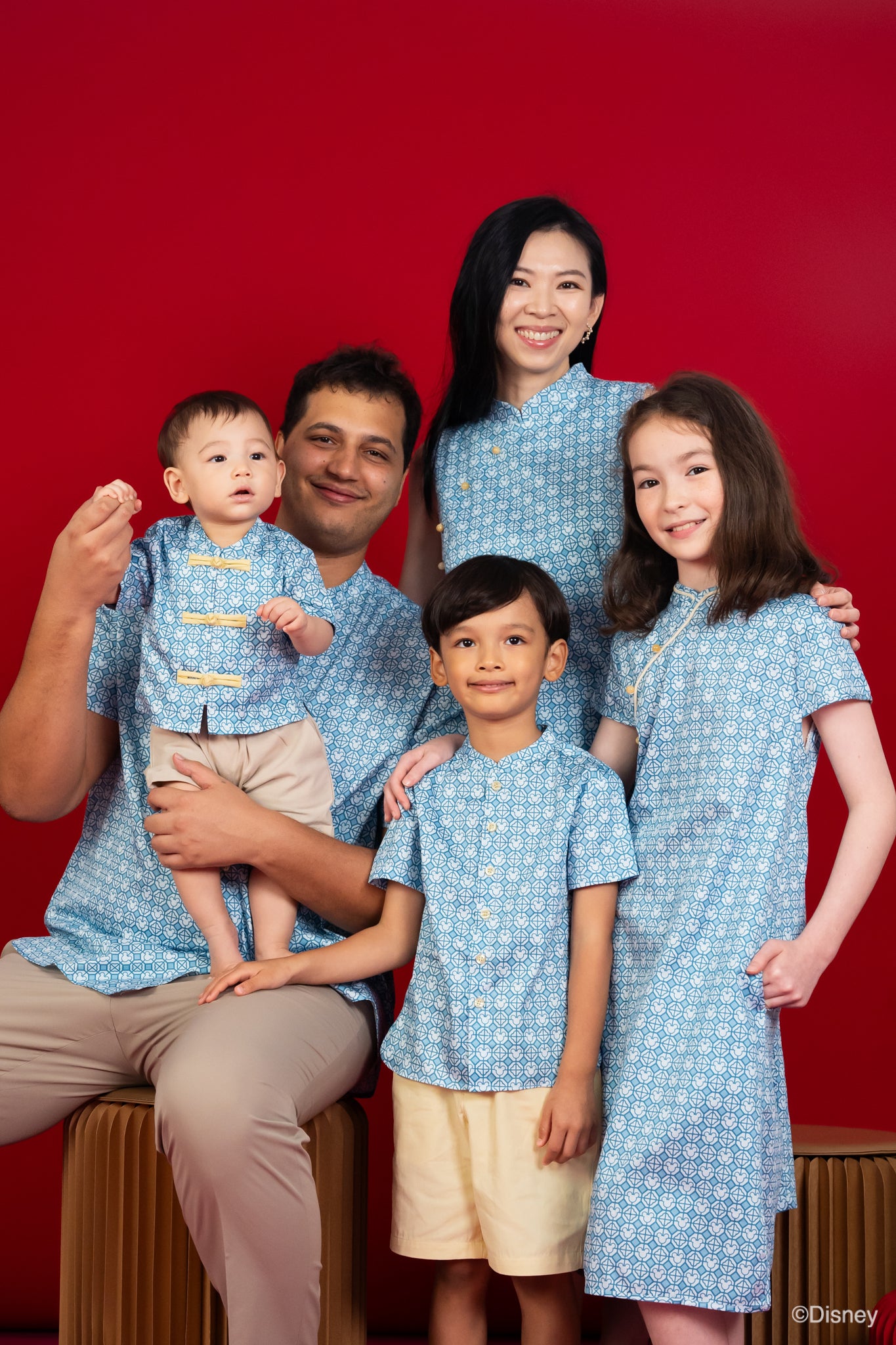 Men's Mandarin-collared Shirt - Blue Mickey Tiles