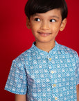 Mandarin-collared Shirt - Blue Mickey Tiles