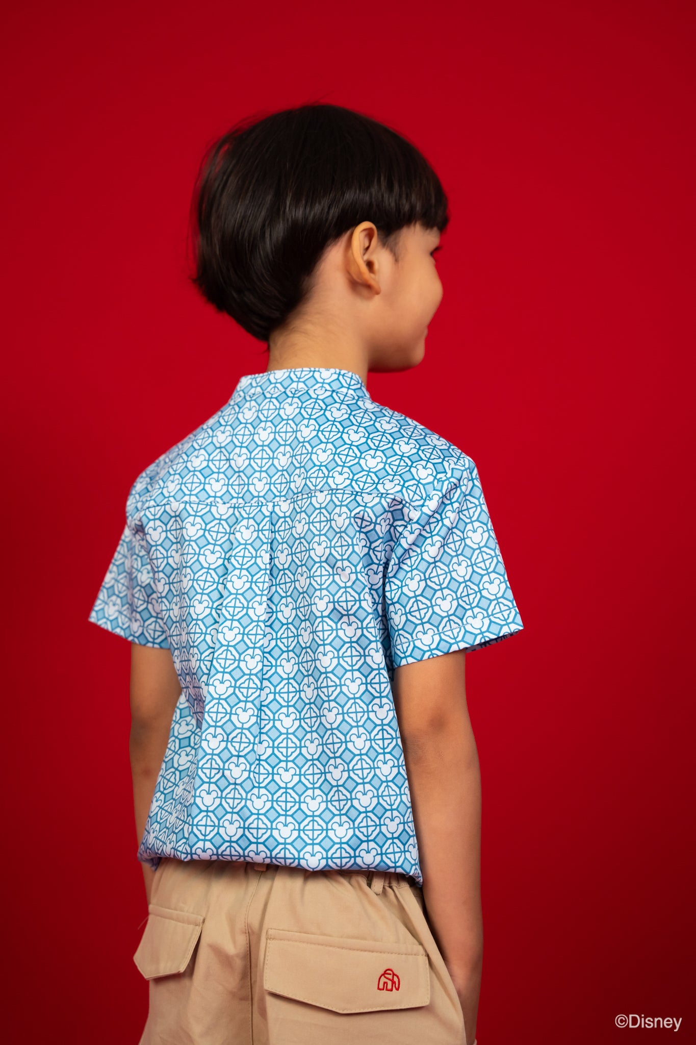 Mandarin-collared Shirt - Blue Mickey Tiles