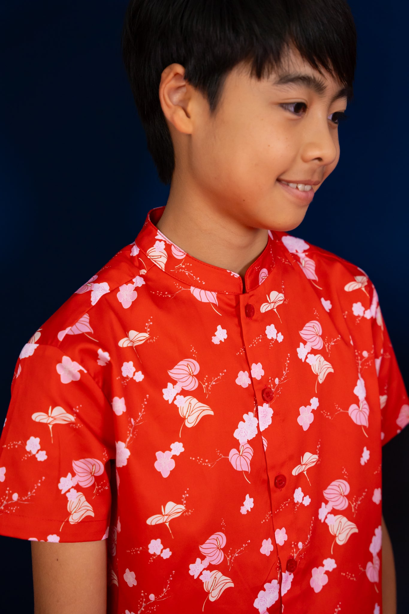 Mandarin-collared Shirt - Red Blossom Lily