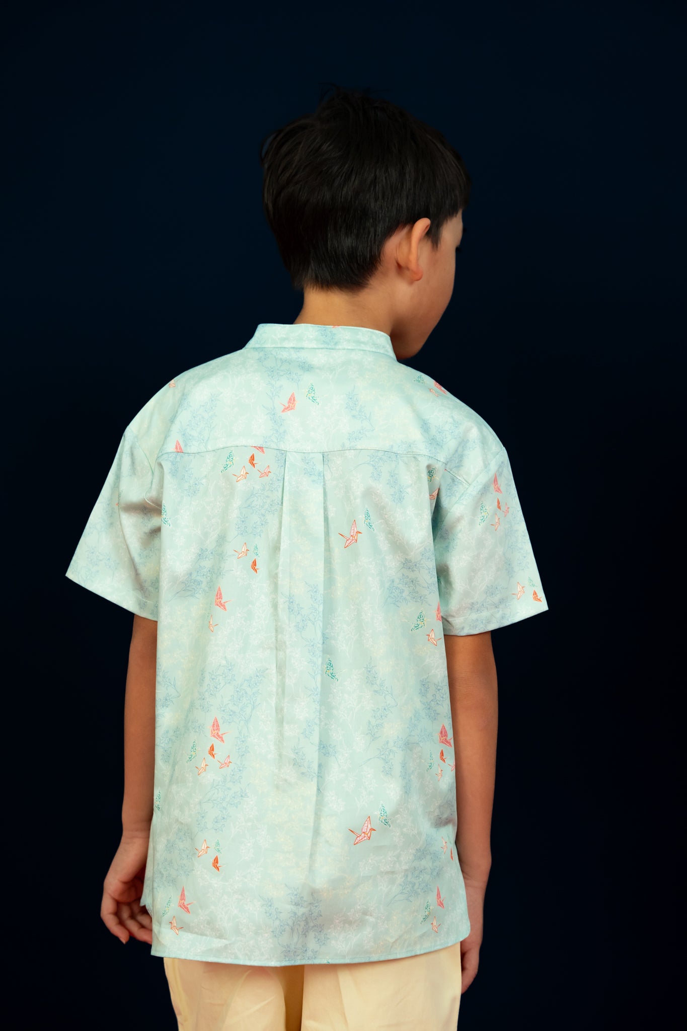 Mandarin-collared Shirt - Teal Cranes