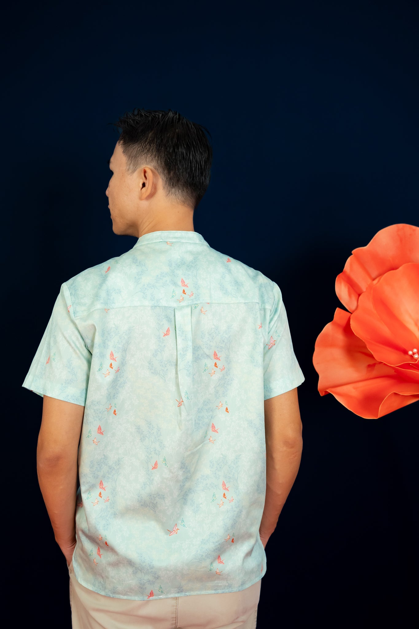 Men's Mandarin-collared Shirt -  Teal Cranes