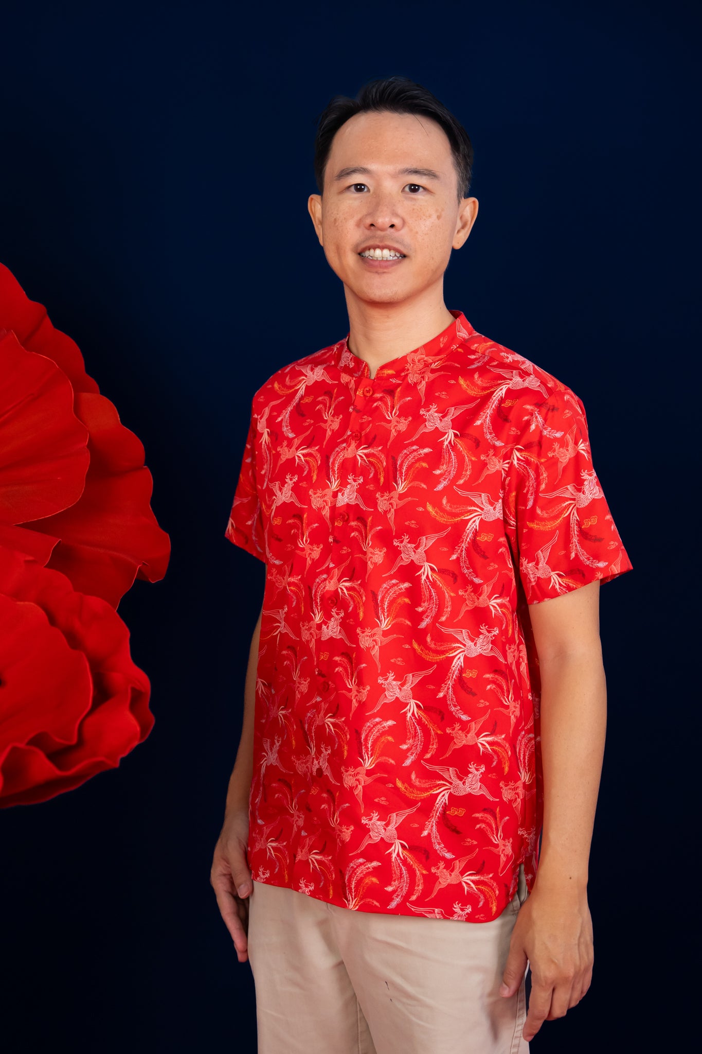 Men's Mandarin-collared Shirt -  Red Phoenix