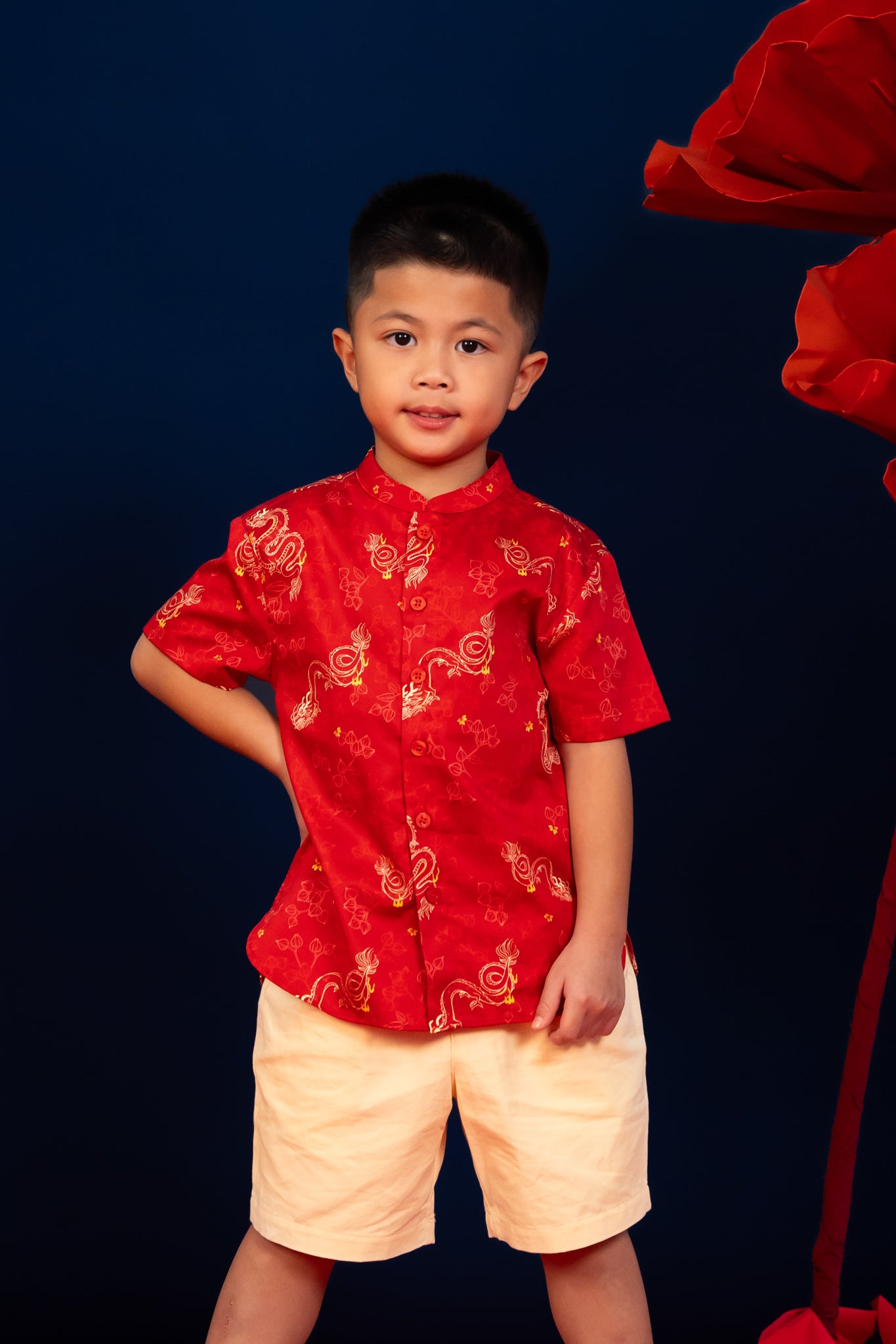 Mandarin-collared Shirt - Red Dragon Pearl