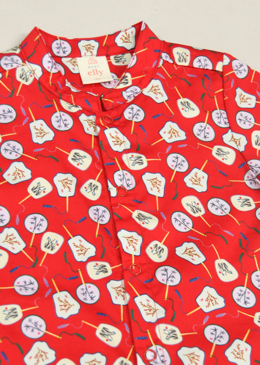 Mandarin-collared Romper - Red Fans