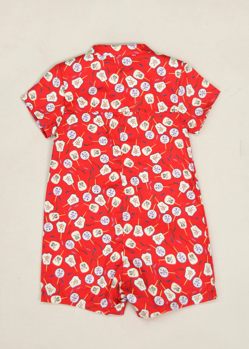 Mandarin-collared Romper - Red Fans