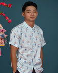 Men's Mandarin-collared Shirt - Turquoise Vases