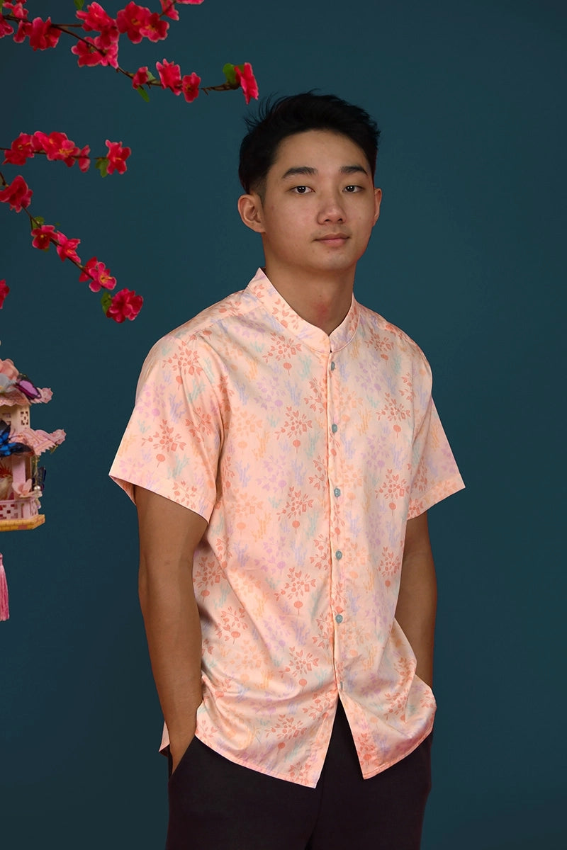 Men's Mandarin-collared Shirt - Pink Floral Bamboo