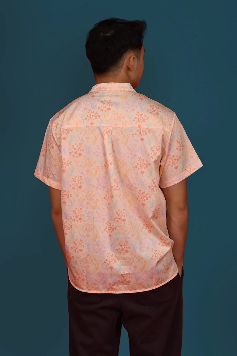Men's Mandarin-collared Shirt - Pink Floral Bamboo