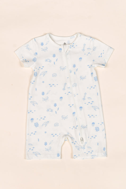Short-Sleeve Zip Romper - Blue Sea Creatures | The Elly Store