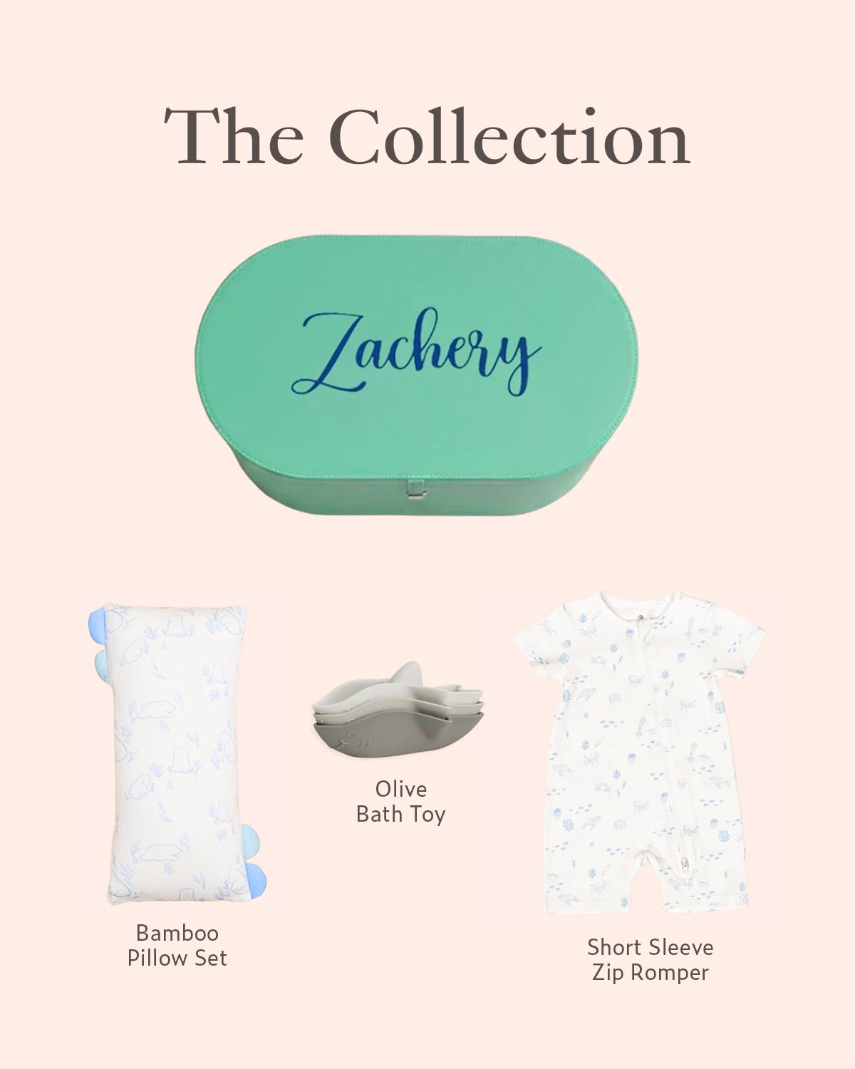 Collection of baby items - bamboo pillow set, olive bath toys, short sleeve zip romper 