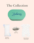 Collection of baby items - bamboo pillow set, olive bath toys, short sleeve zip romper 