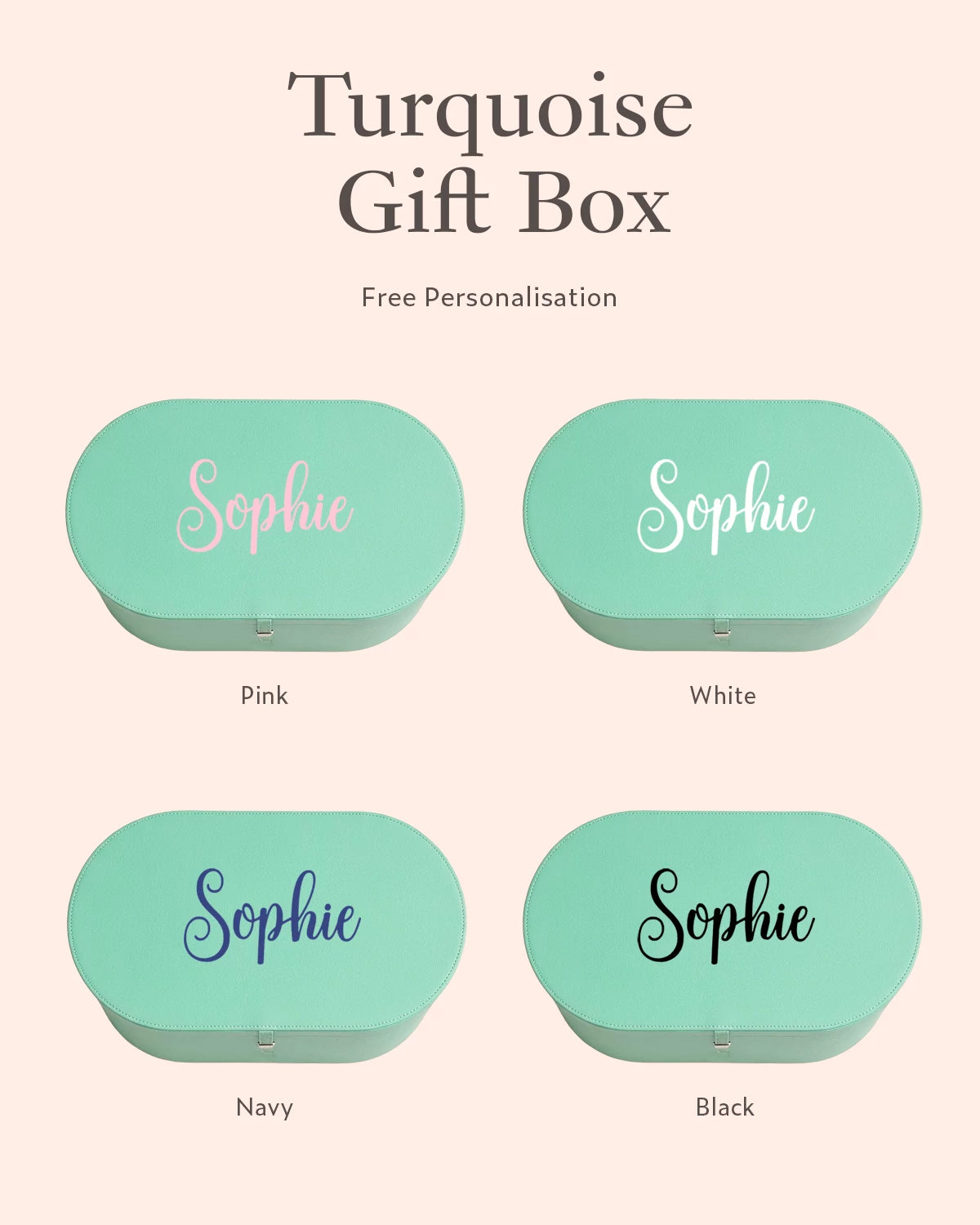 Turquoise gift box with personalised name in Pink, White, Navy and Black 