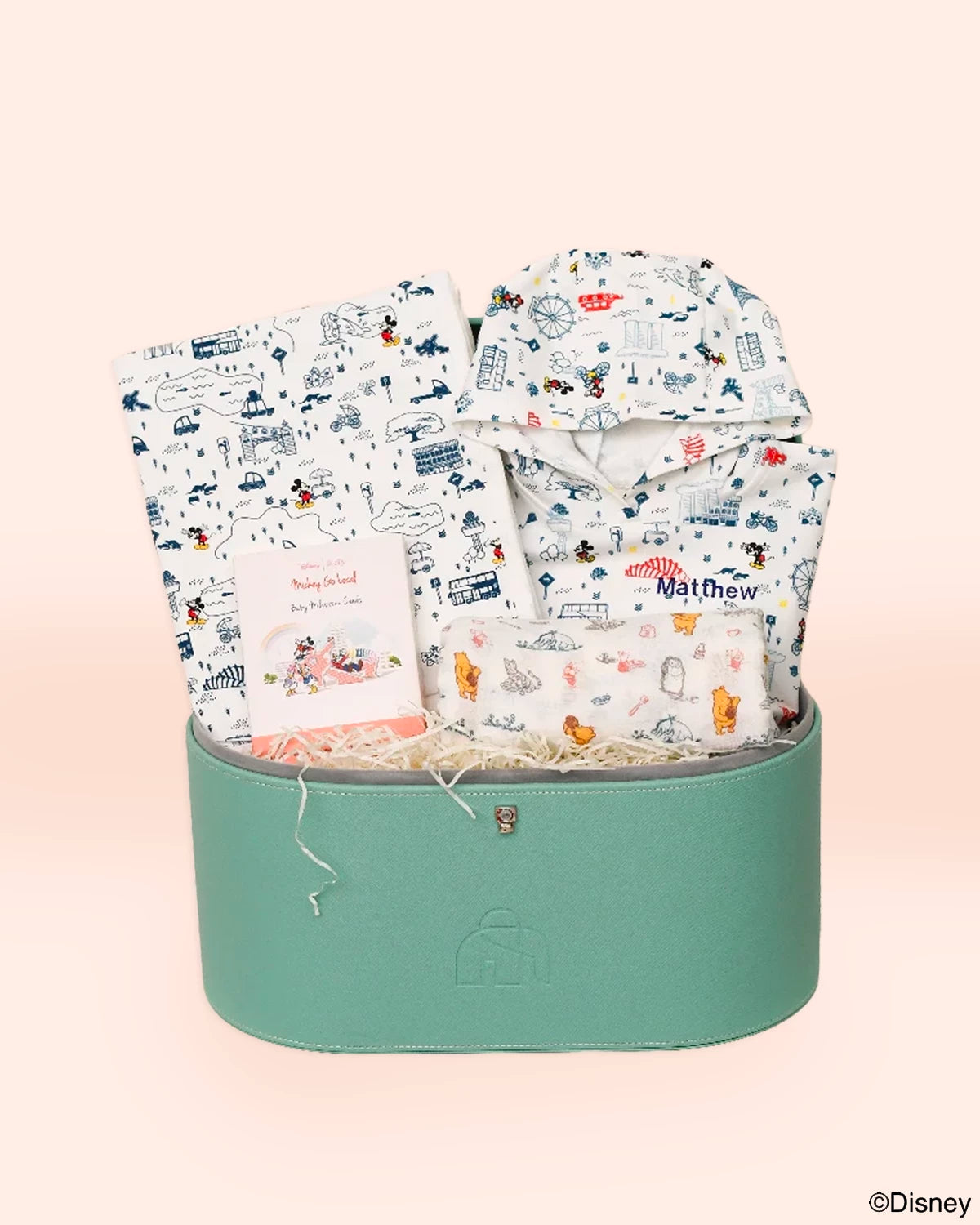 turquoise gift box - jersey blanket, personalised hooded robe, swaddle and baby milestone card 