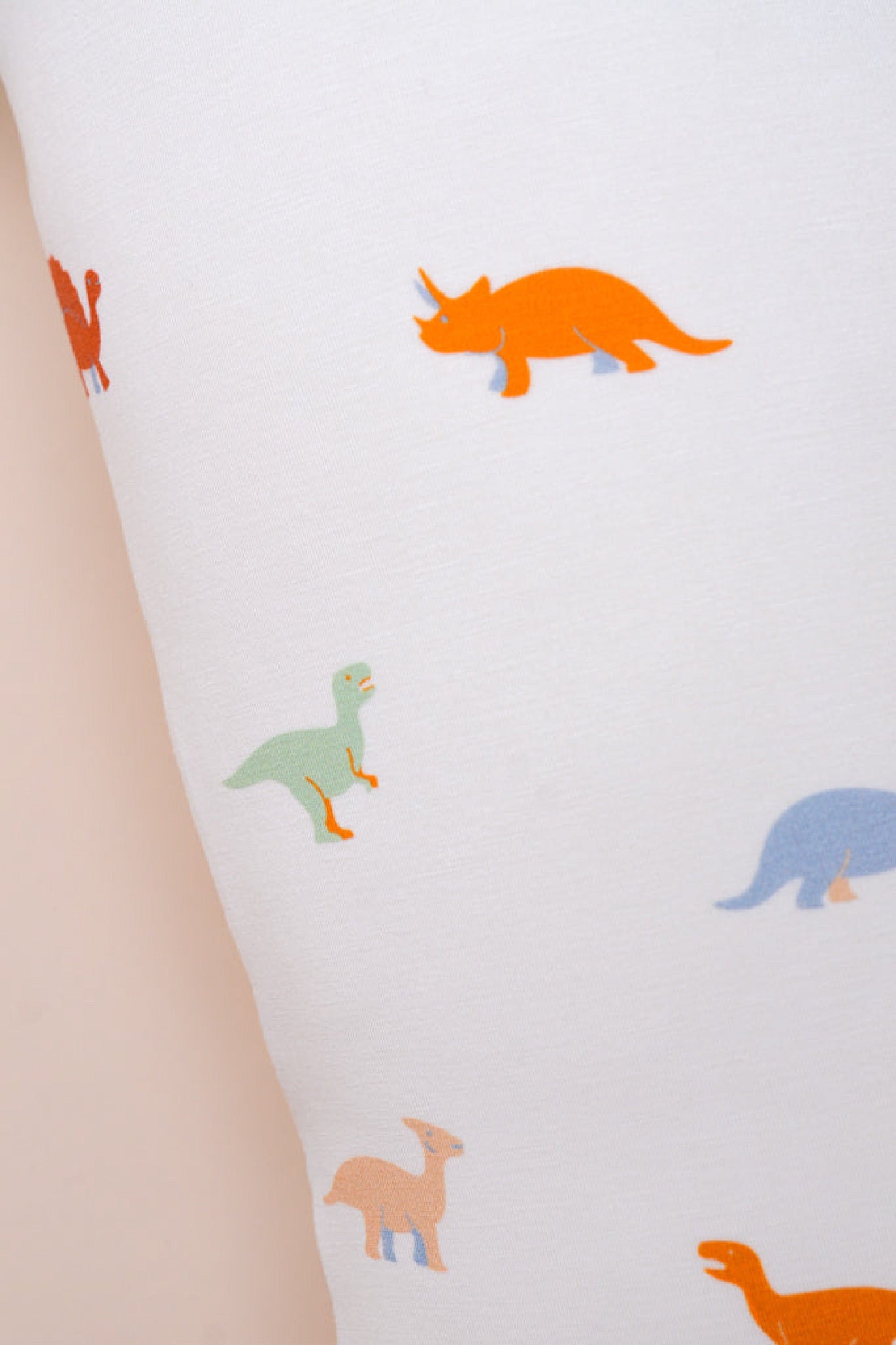 Close-up of exploded pillow with dinosaur pattern.