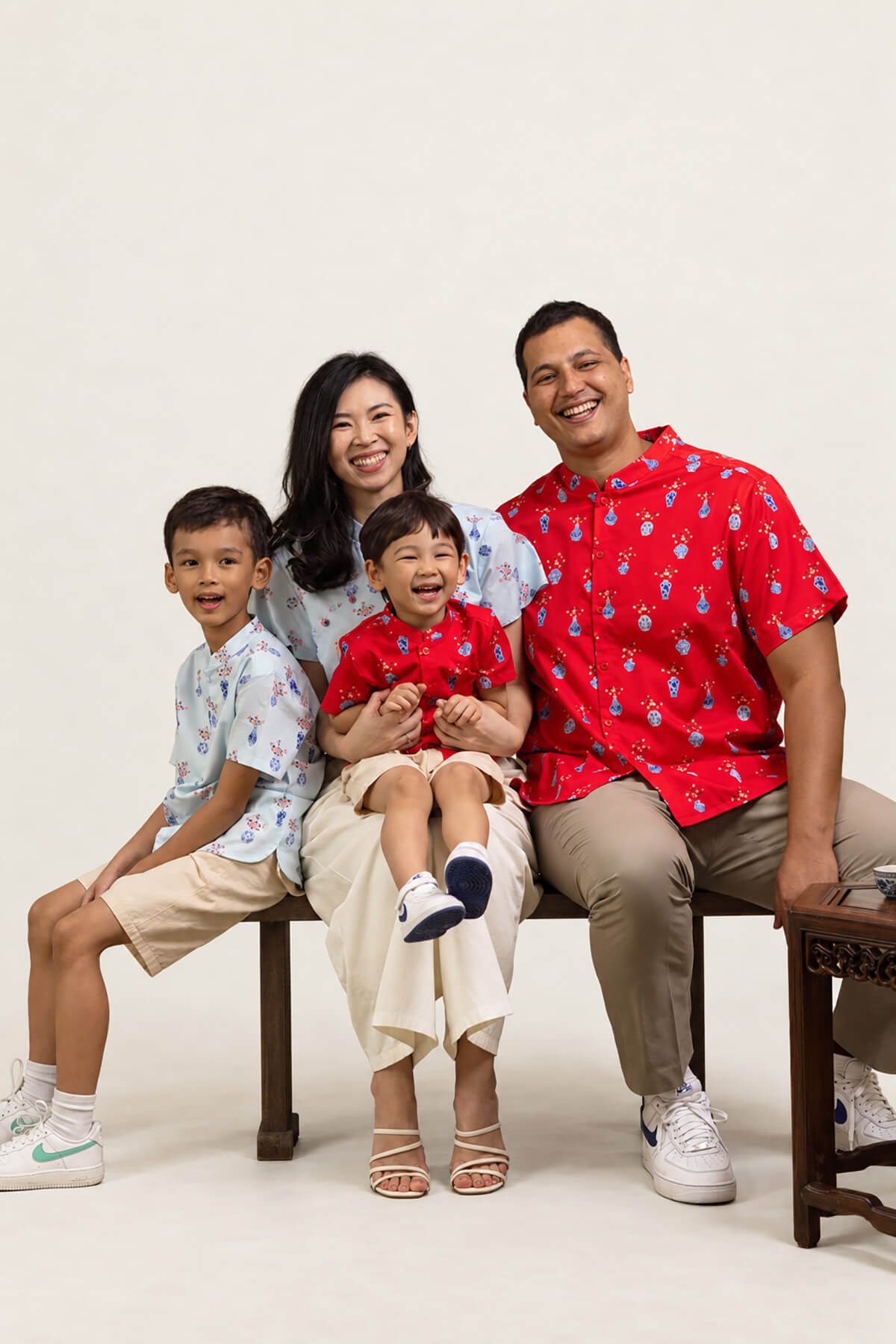 Mandarin-collared Shirt - Turquoise Vases family portrait