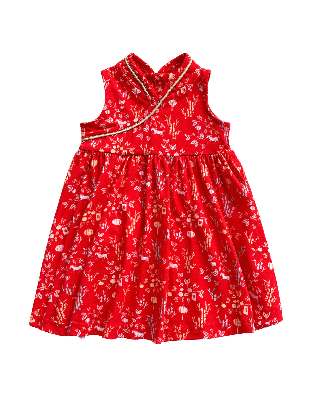 Jersey Flare Cheongsam - Red Floral Bamboo