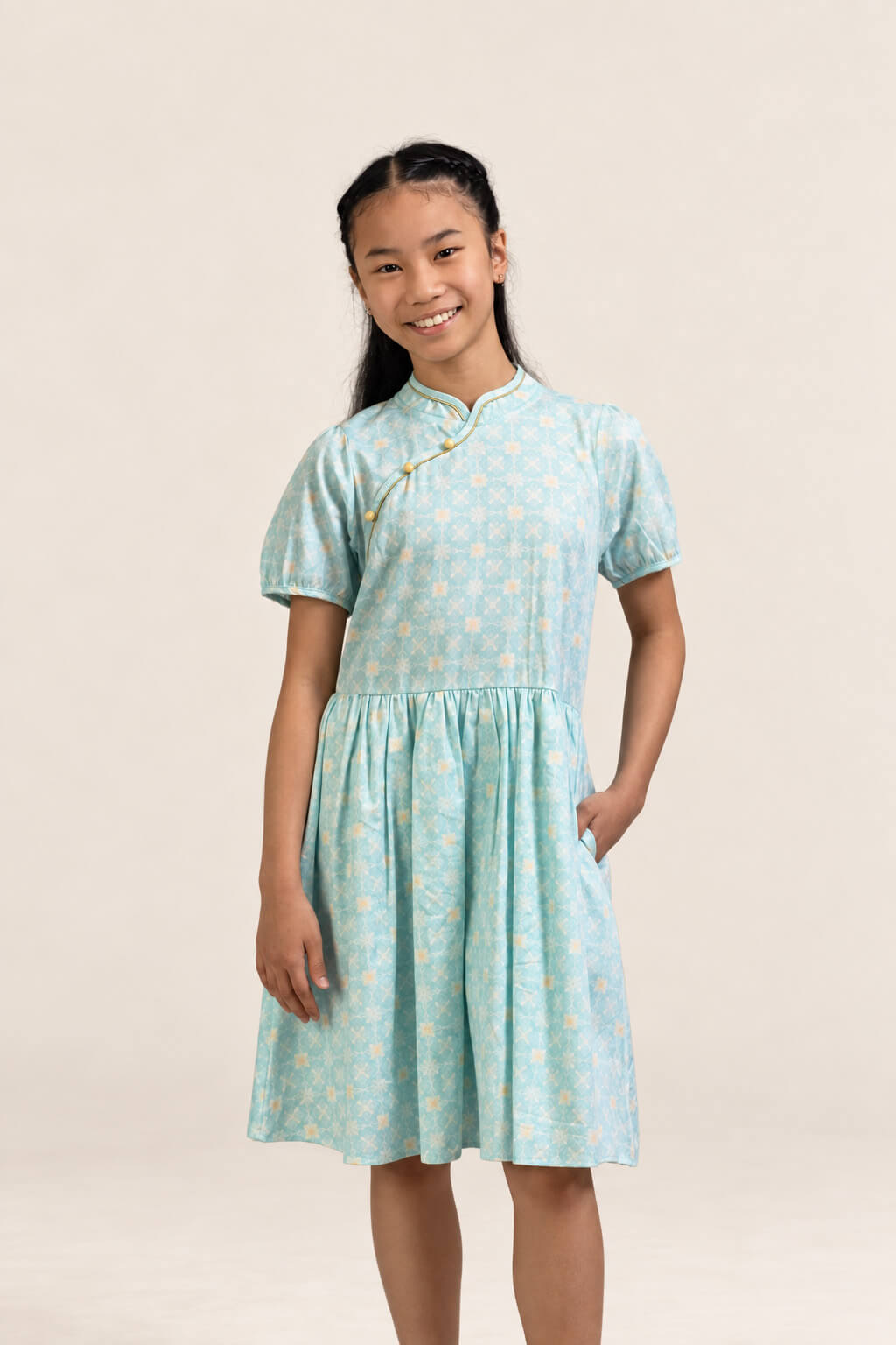 Giselle Cheongsam - Teal Plaid Tiles