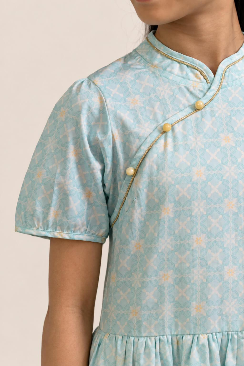 Giselle Cheongsam - Teal Plaid Tiles closeup