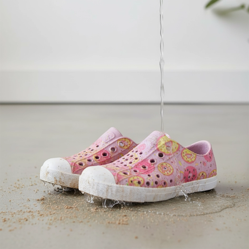 Pink donut print shoes with white soles being rinsed under running water.