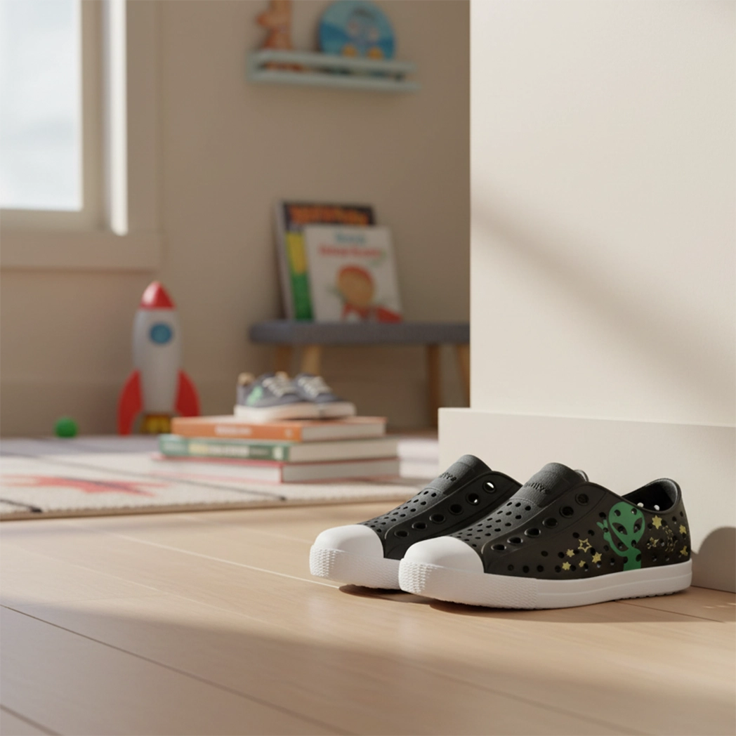 Native children's shoes with alien print and white soles in a nursery