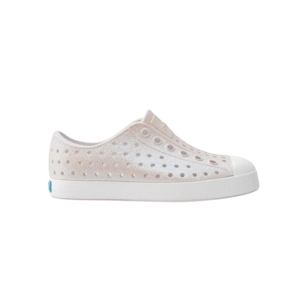 Native white iridescent perforated slip-on shoes with breathable design and lightweight comfort